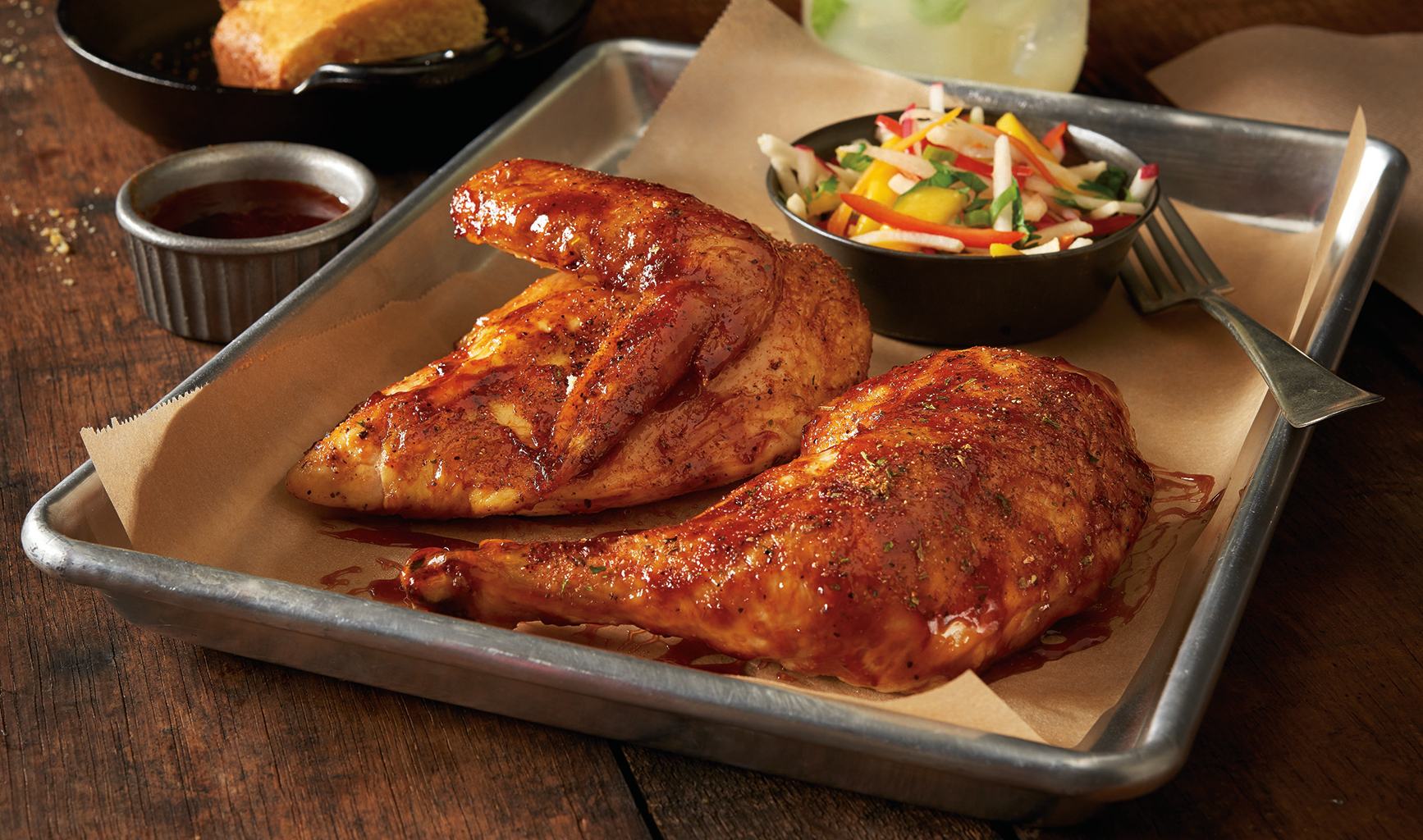 HARVESTLAND® TENDERREADY® Quartered Chicken Barbecued with Cornbread and Mango-Jicama Slaw