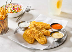 Gluten-Free Chicken Tenders, Served With a Curated Trio of Dipping Sauces and Spicy Housemade Pikliz