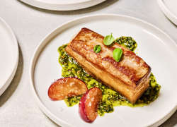 Roasted Sweet and Sour Pork Belly With Pistachio Pesto and Braised Plums