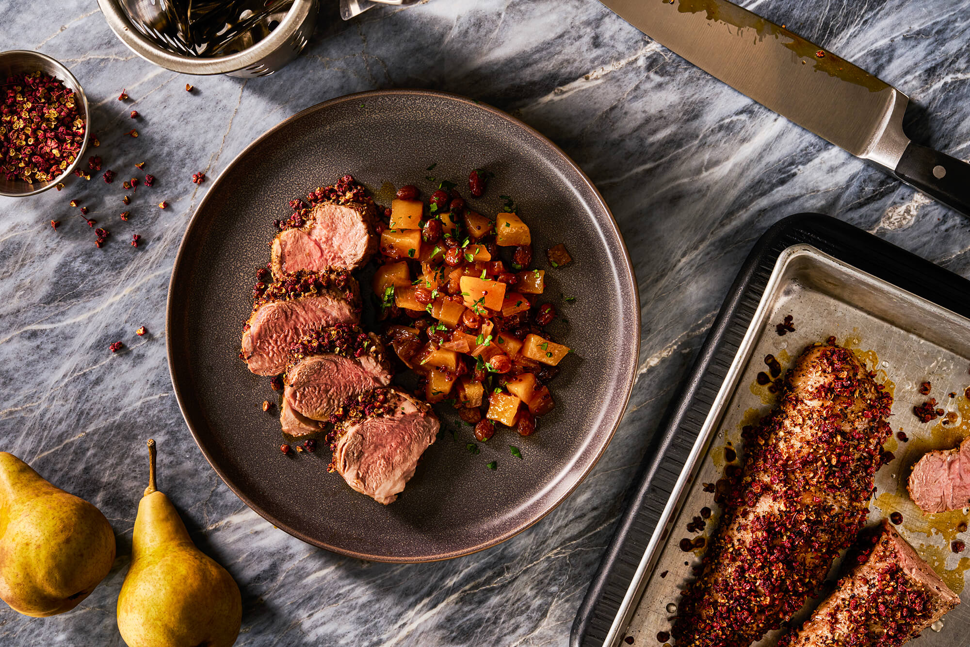 Szechuan and Black Peppercorn Crusted Pork Tenderloin, With Sweet and Sour Pear Chutney